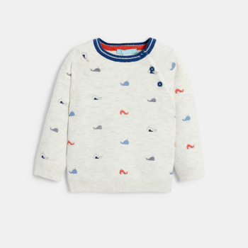 كنزة محبوكة من التريكو، مع رسمة للحوت، باللون البني للأطفال الصغار.